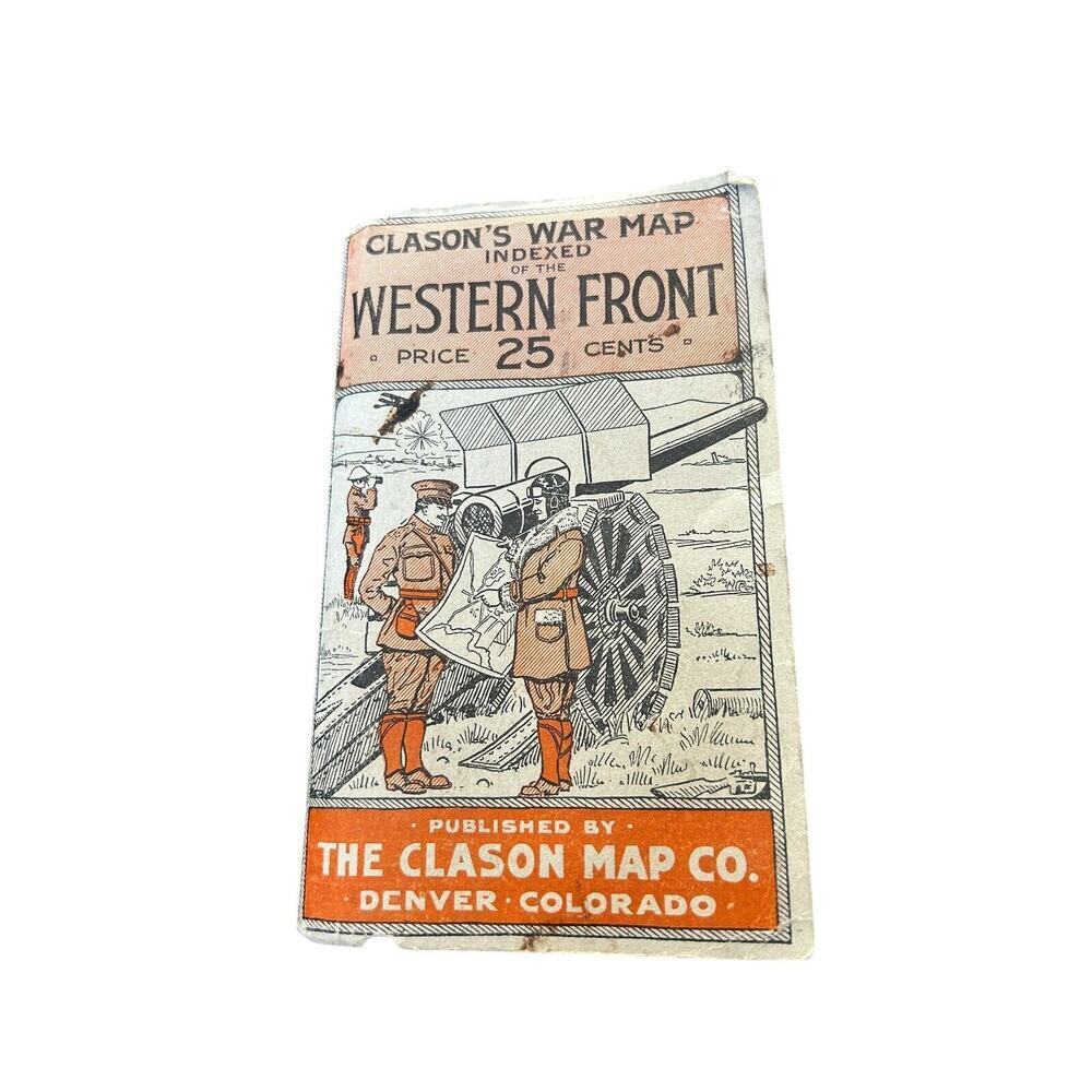 Antique WWI Clason’s War Map Index Of The Western Front Price 25 Cents Denver Co